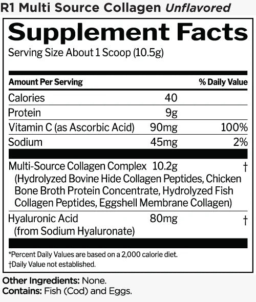 Rule One R1 Multi-Source Collagen + Vitamin C & Hyaluronic Acid – Unflavored (262.5g / 25 Servings)