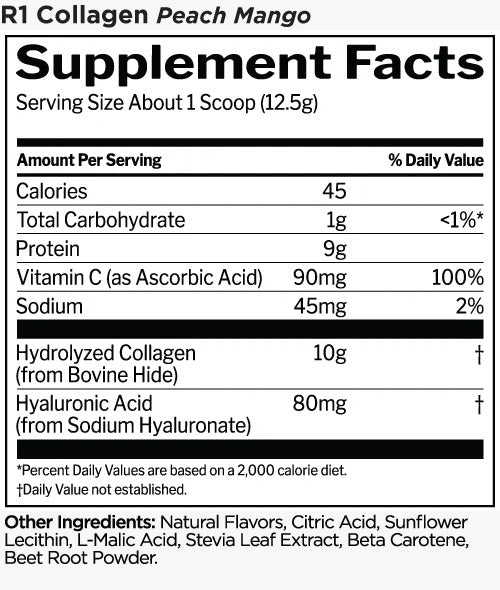 Rule One R1 Collagen Peptides + Vitamin C & Hyaluronic Acid – Peach Mango (250g / 20 Servings)